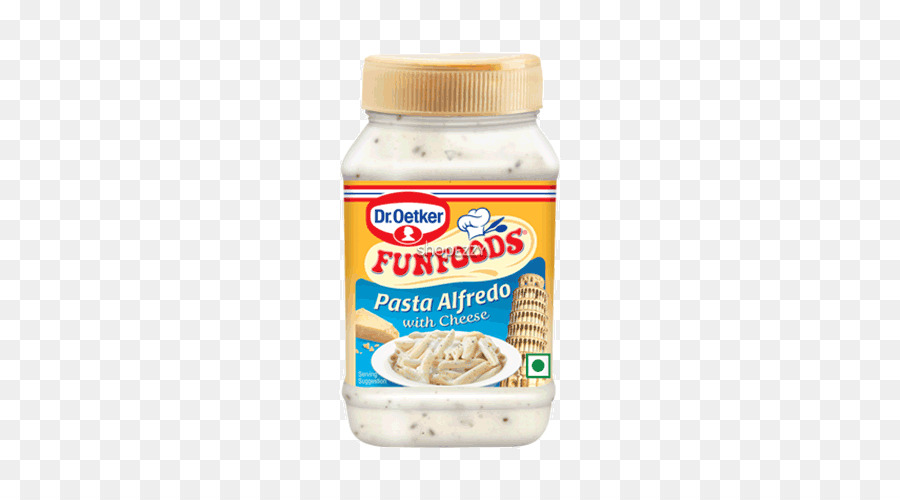 Dr. Oetker Funfoods Pasta Alfredo with Cheese sauce in a clear plastic jar with beige lid and colorful label.