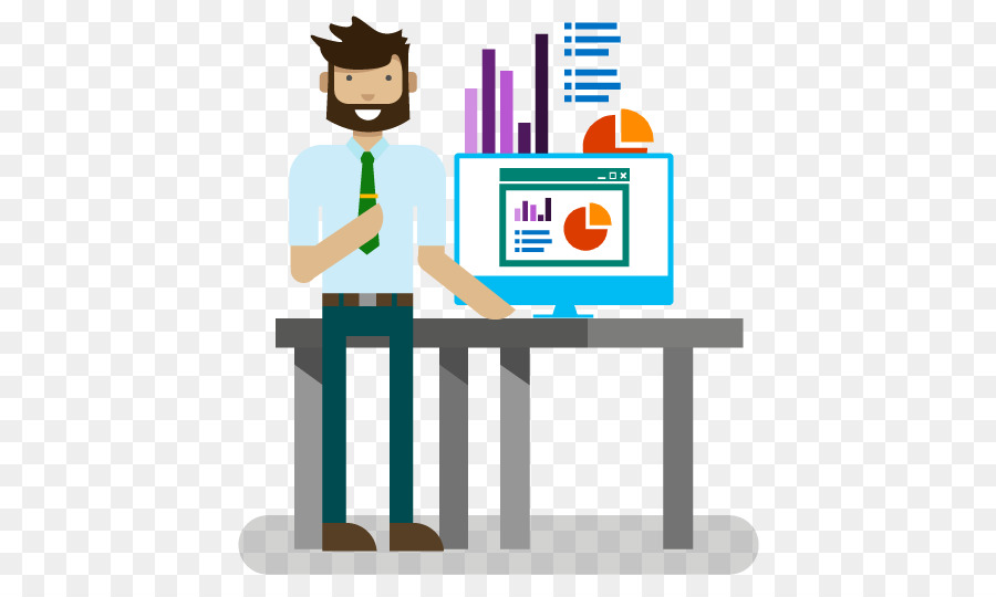 Bearded businessman in shirt and tie presenting data charts on a computer monitor at a desk.