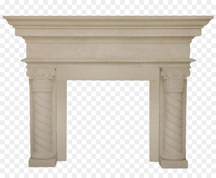 Classic stone fireplace mantel with twisted columns and ornate Corinthian capitals, in cream-colored limestone.