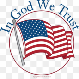 Circular emblem with "In God We Trust" text and a waving American flag on a pole.