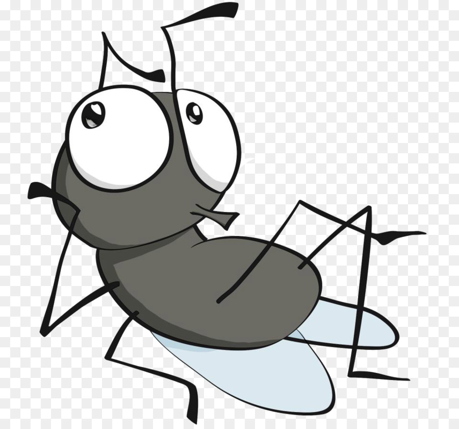 Cartoon fly with large eyes and expressive pose, gray body, translucent wings, on transparent background.