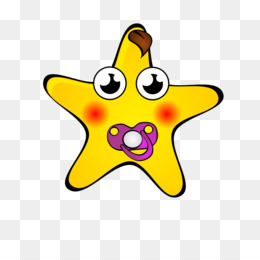 Yellow cartoon star with big eyes, blush cheeks, pacifier, and a tiny brown hair tuft.