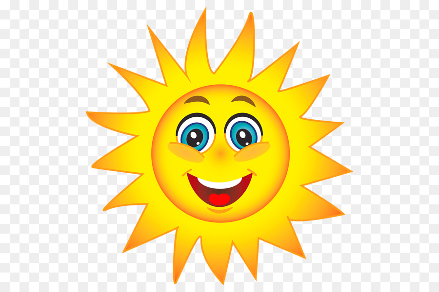 Cheerful cartoon sun with smiling face, blue eyes, and bright yellow rays on transparent background.
