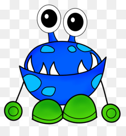 Blue cartoon monster with big eyes, sharp teeth, and green wheels on a transparent background.