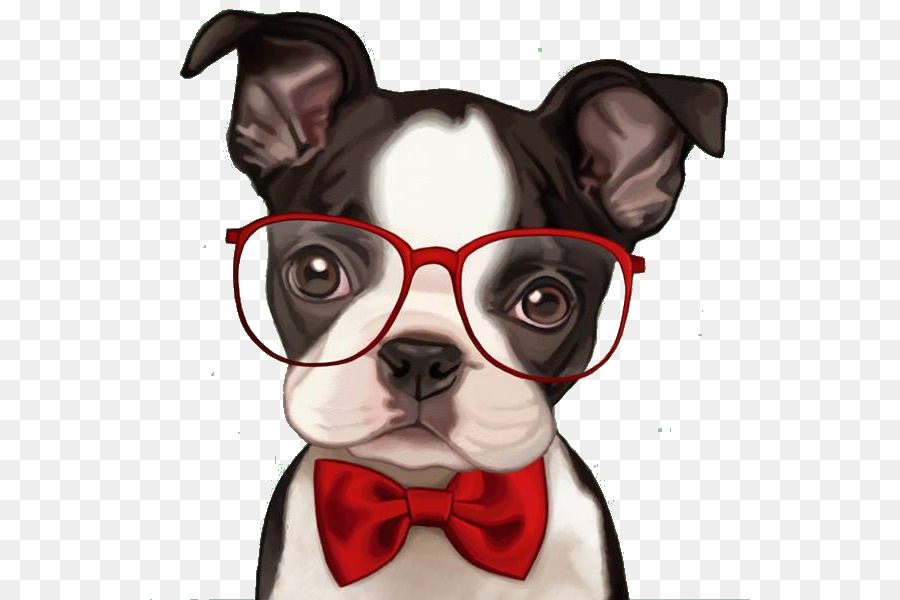Stylish Boston Terrier puppy wearing red glasses and a bowtie, illustrated in digital art style.