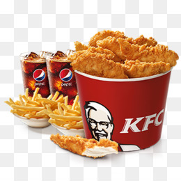 KFC bucket of crispy fried chicken with fries and two Pepsi drinks on a transparent background.