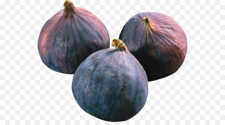Three ripe purple figs with textured skin and green stems on transparent background.