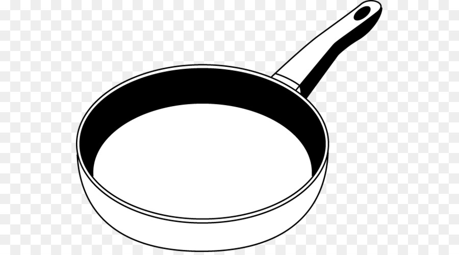 Simple black-and-white line drawing of a frying pan with long handle on transparent background.