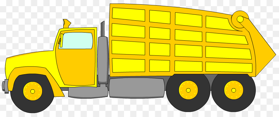 Yellow cartoon-style garbage truck with raised dump bed and large wheels on transparent background.