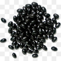 A close-up of glossy black beans scattered on a transparent background.