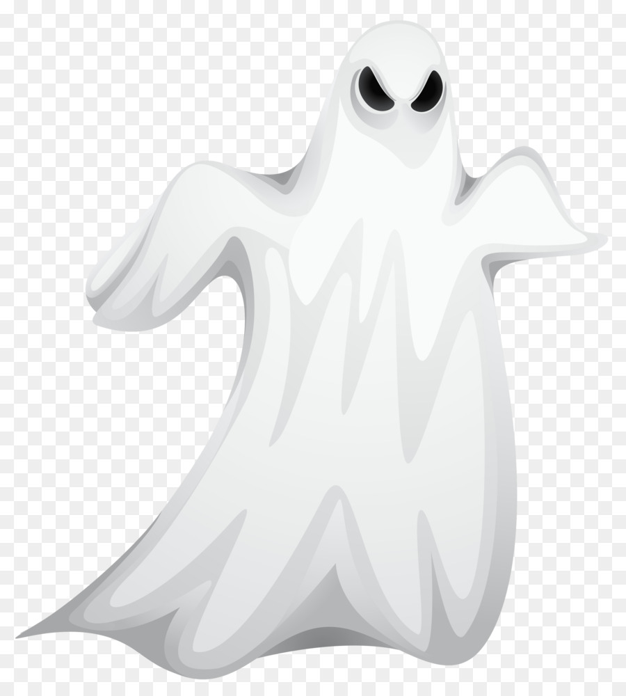 White cartoon ghost with black eyes and flowing sheet-like form on transparent background.