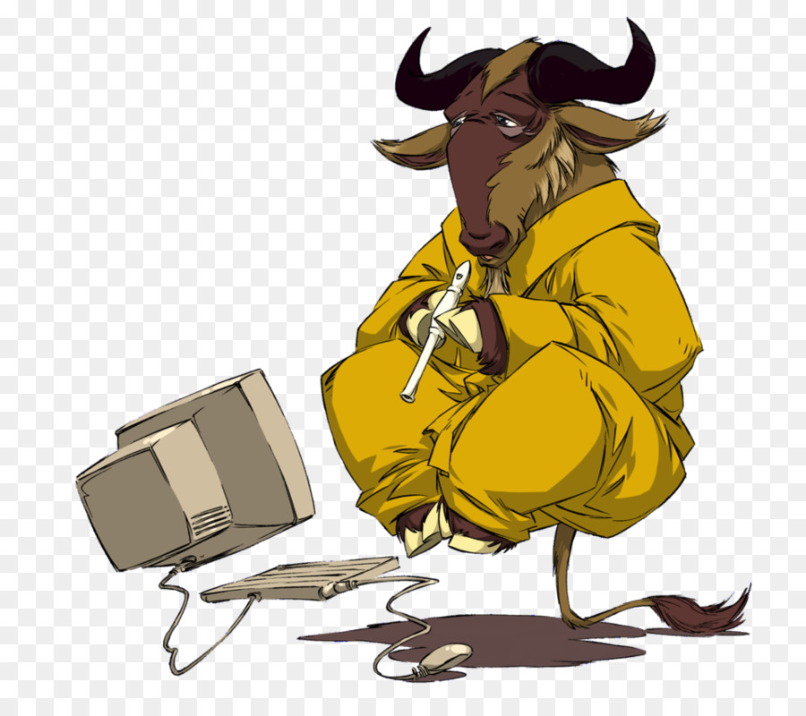 A cartoon wildebeest in a yellow robe crouches beside a vintage CRT computer, holding a stylus with a weary expression.