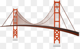 Stylized illustration of a suspension bridge with orange towers and black roadway on transparent background.