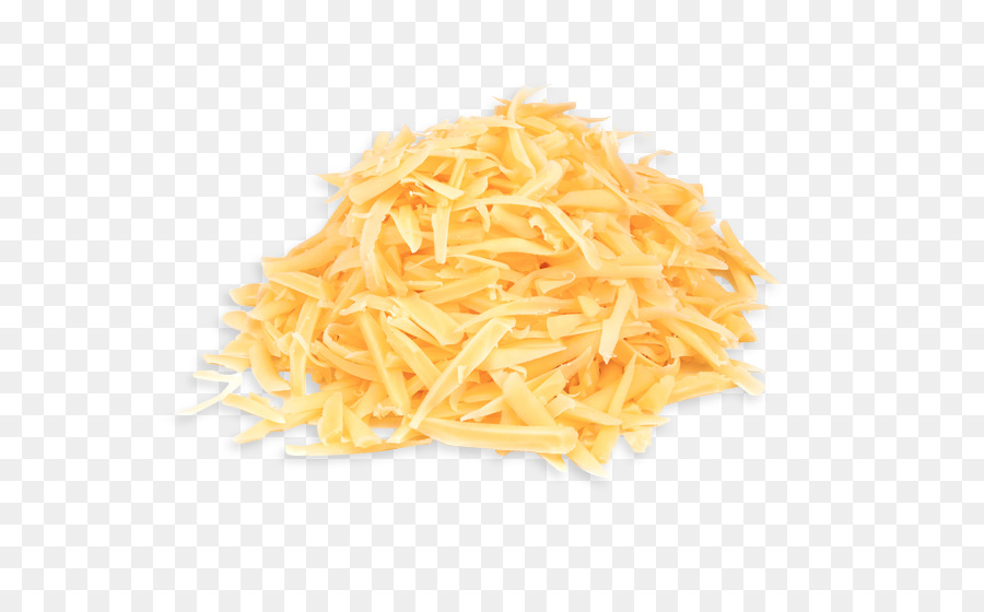 A mound of finely shredded orange cheddar cheese on transparent background.