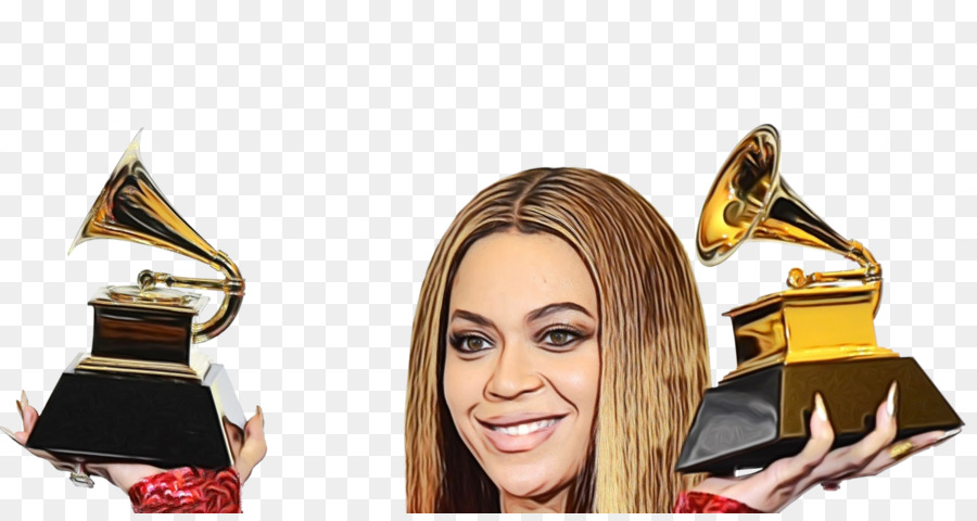 Beyoncé smiling while holding two Grammy Awards in her hands.