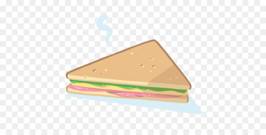 Steaming triangular sandwich with ham, cheese, lettuce on white bread, cartoon style.