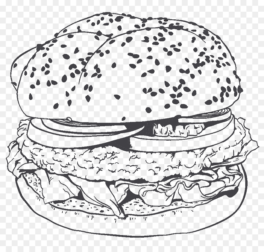 Black-and-white line drawing of a sesame seed bun burger with lettuce, patty, onion, and sauce.