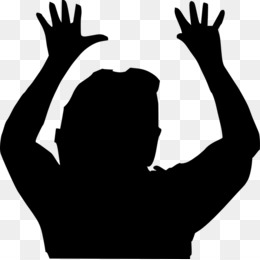 Black silhouette of a person with both hands raised high, viewed from behind against transparent background.
