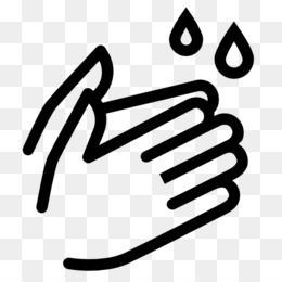 Line art icon of two hands rubbing together with water droplets above, symbolizing handwashing.