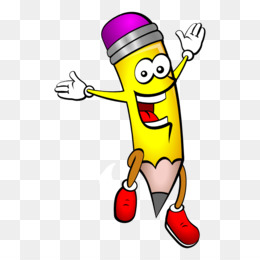 Cheerful anthropomorphic yellow pencil with purple eraser, waving arms, red shoes, and smiling face.