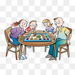 A diverse family of four-two adults and two children-enjoying a board game together at a round wooden table.