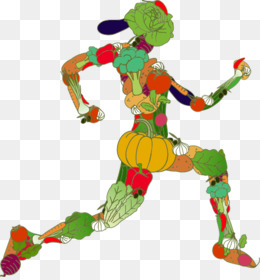A stylized running figure composed entirely of colorful fruits and vegetables in motion.