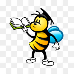 A cartoon bee wearing a graduation cap, holding an open book and smiling.