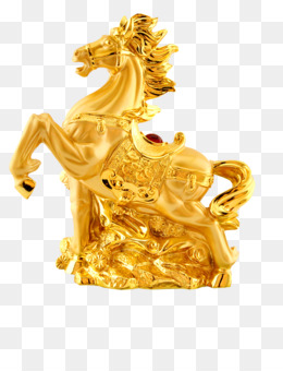 Golden horse statue in rearing pose, intricately detailed with ornate saddle and flowing mane, symbolizing strength and prosperity.