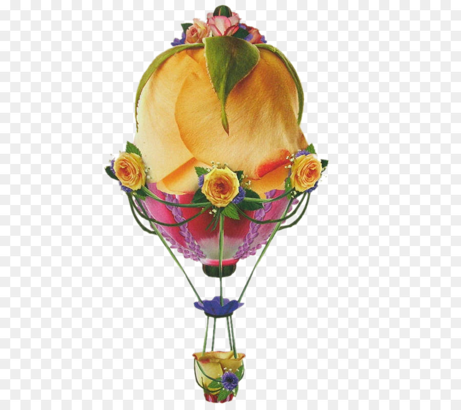 A whimsical hot air balloon crafted from flowers, with a peach-shaped canopy, rose-adorned basket, and green vine rigging.