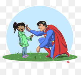 Superman kneels to comfort a crying girl in a park, gently touching her head with kindness.