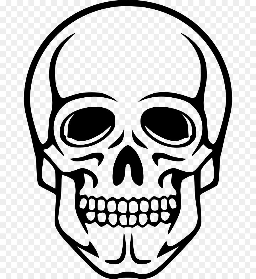 Black-and-white line-art illustration of a human skull with hollow eye sockets and visible teeth, stylized for graphic use.
