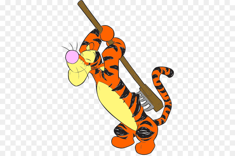 Tigger from Winnie the Pooh playfully holding a broomstick with a pink balloon in his mouth.