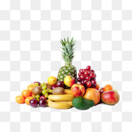 A colorful assortment of fresh fruits including pineapple, bananas, grapes, apples, oranges, and mango on a transparent background.