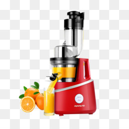 Red and black electric citrus juicer with fresh oranges and a glass of orange juice beside it.