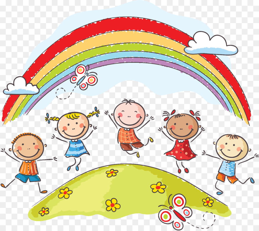 Five smiling cartoon children jumping on a grassy hill under a rainbow with butterflies and clouds.