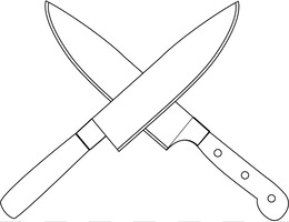 Line drawing of two crossed kitchen knives - a chef’s knife and a paring knife - in black and white.