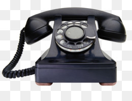 Classic black rotary dial telephone with coiled cord and glossy finish on transparent background.