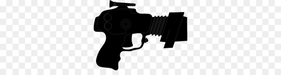 Black silhouette of a sci-fi blaster pistol with scope and accordion-style barrel on transparent background.