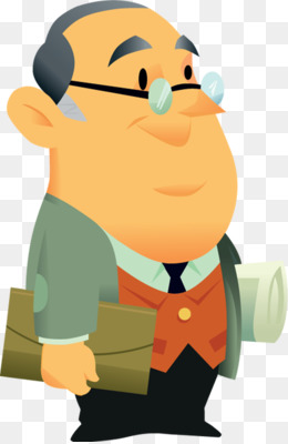 Cartoon illustration of a smiling older man with glasses, holding documents and a rolled paper, dressed in vest and tie.