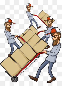 Four delivery workers in caps and glasses pushing carts loaded with cardboard boxes.