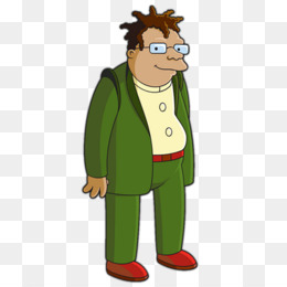 Animated character with spiky brown hair, glasses, green suit, white shirt, red belt and shoes, standing confidently.