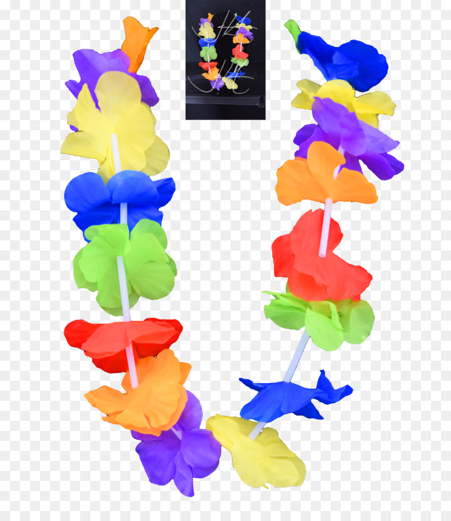 Colorful tropical flower leis made of fabric in vibrant rainbow hues, arranged in U-shape with inset photo of smaller leis.