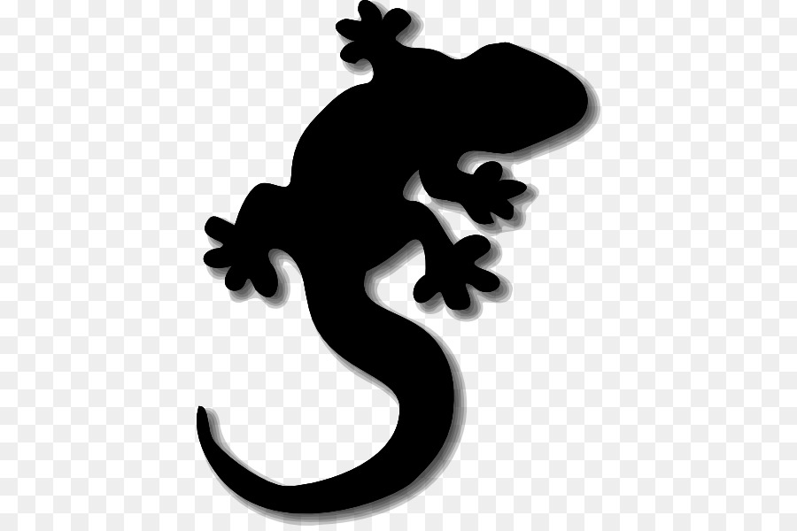 Black silhouette of a gecko lizard with detailed toes and curved tail on transparent background.