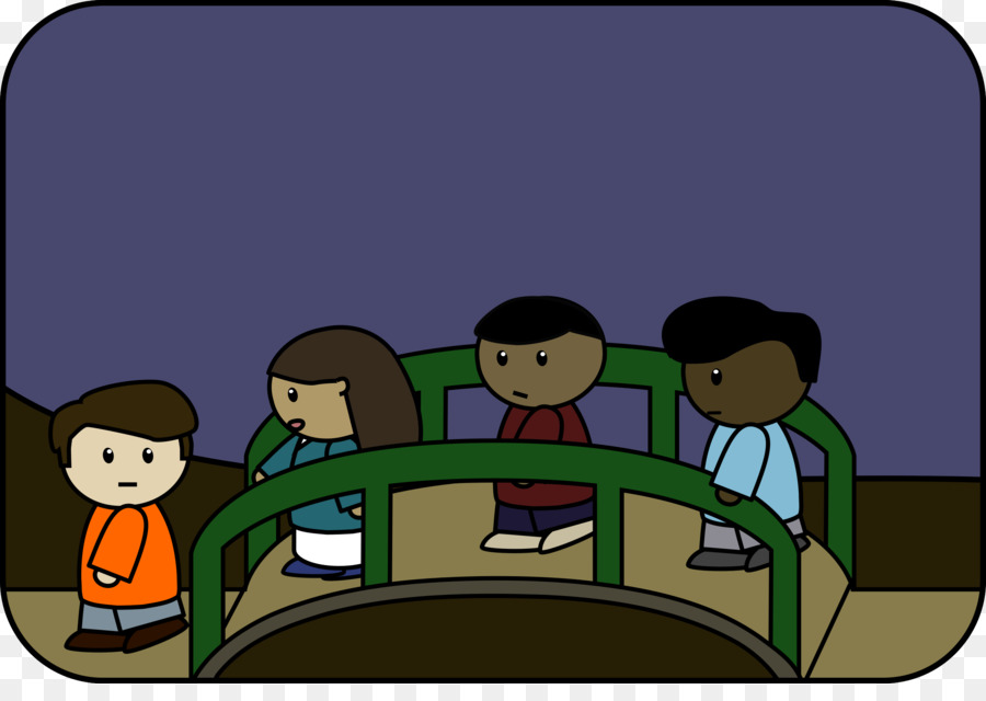 Four diverse children stand on a green bridge at night, looking down thoughtfully.