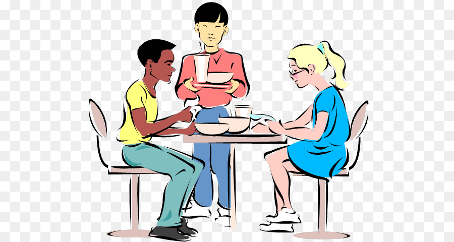 Three diverse people dining together with a server bringing food and drinks at a modern café table.