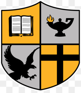 Academic crest with open book, flaming lamp, eagle, and cross-symbolizing knowledge, enlightenment, strength, and faith.