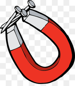 Red and silver horseshoe magnet attracting metal nails, illustrated in cartoon style.
