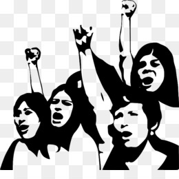 Black-and-white illustration of five women raising fists and shouting in solidarity during a protest or empowerment rally.