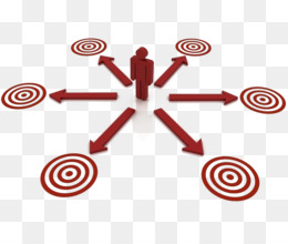Red silhouette figure at center with six arrows pointing outward to bullseye targets on transparent background.