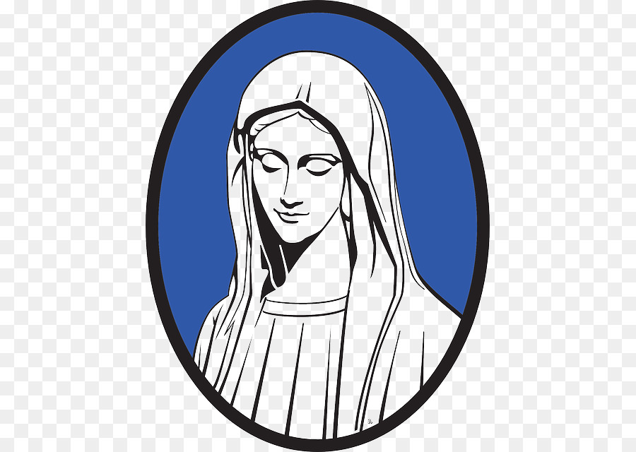 Line-art illustration of the Virgin Mary in an oval blue frame with black border.